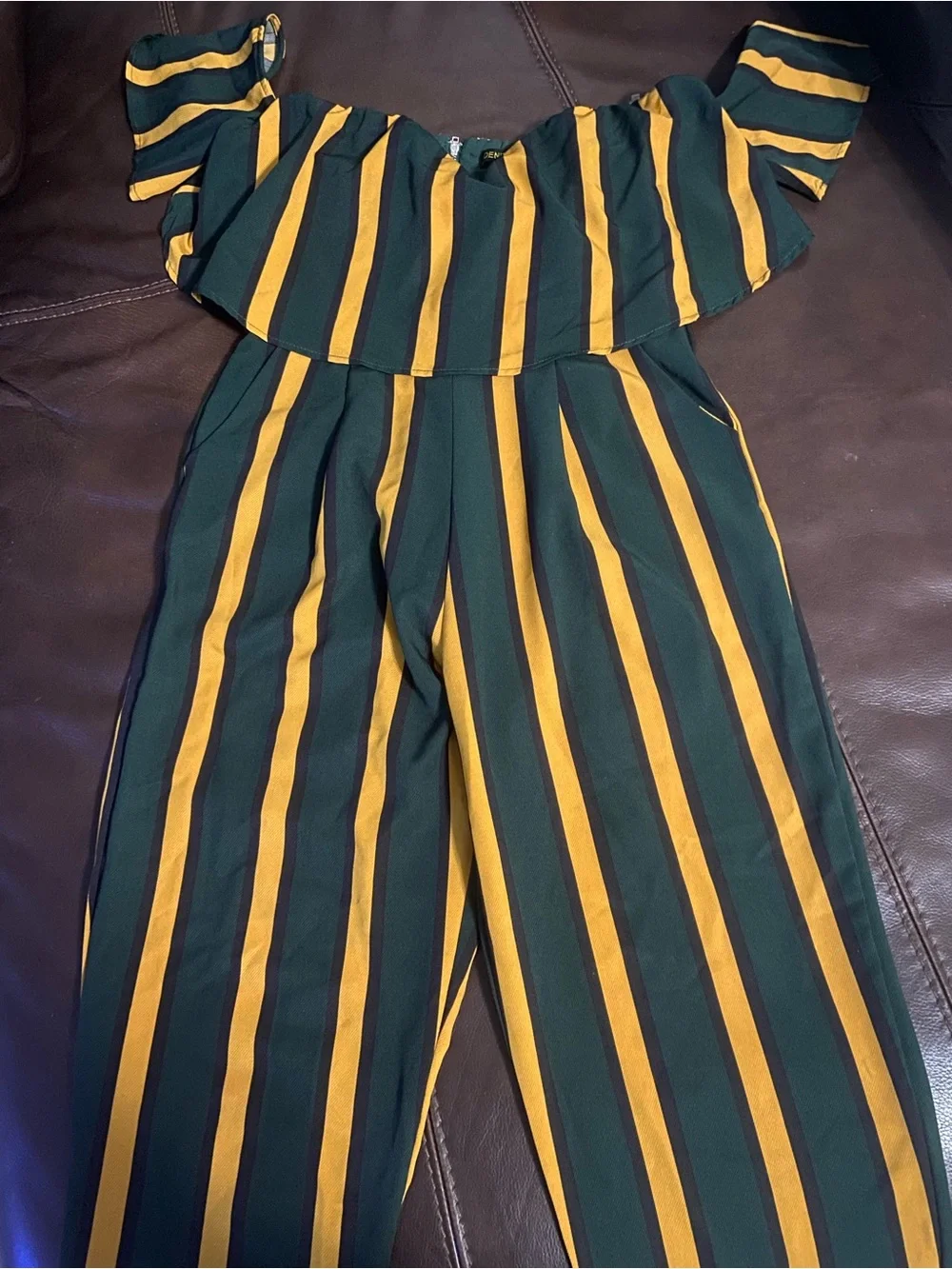 Off-Shoulder Striped Jumpsuit in Green and Mustard